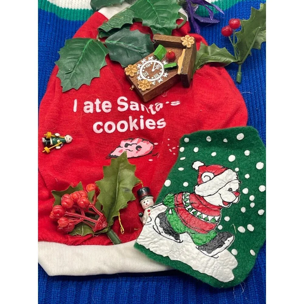top paw ugly Christmas dog sweater handmade blue Santa clock large knit READ